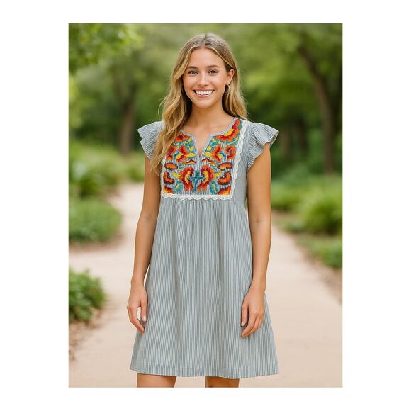 THML Dresses & Skirts - THML Gray and White Striped Dress with Floral Embroidery - Size S